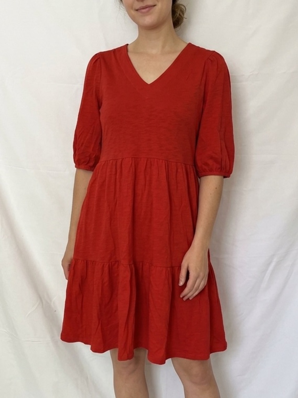 NIC+ZOE NZT V-Neck Tiered Dress Bright Rose XS Cotton Puff Sleeve NWT